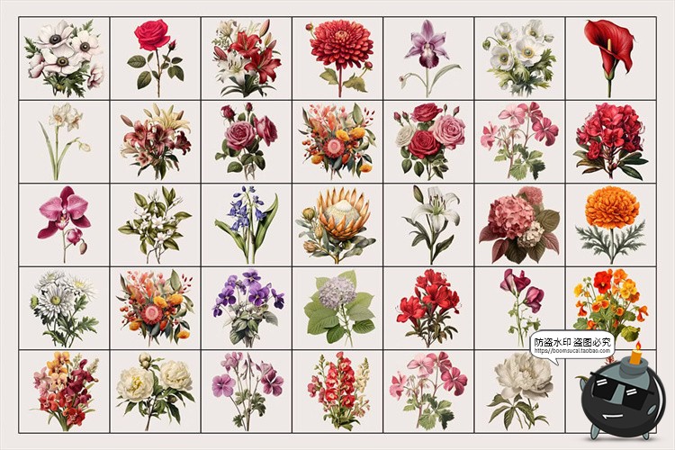 图片[2]-欧式复古宫廷手绘鲜花植物古典花卉装饰插图插画PNG免抠图片素材-设计猿