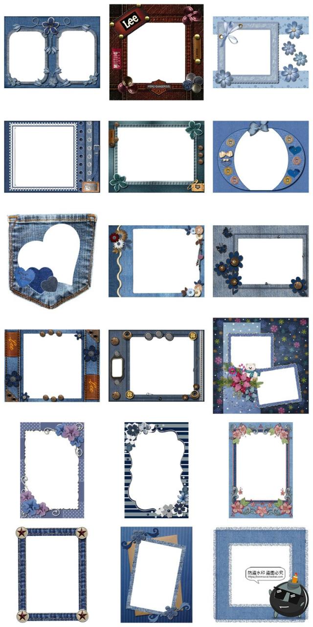 图片[1]-美式复古蓝色牛仔面料麻布装饰边框电子手账美工图片PNG免抠素材-设计猿