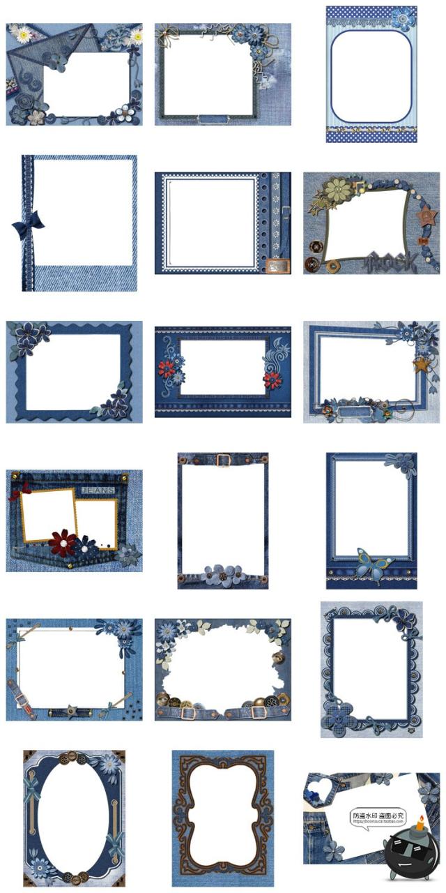 图片[2]-美式复古蓝色牛仔面料麻布装饰边框电子手账美工图片PNG免抠素材-设计猿