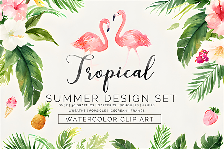 图片[1]-森系水彩婚礼热带火烈鸟花环请柬卡片标志PNG免抠设计元素PS素材-设计猿