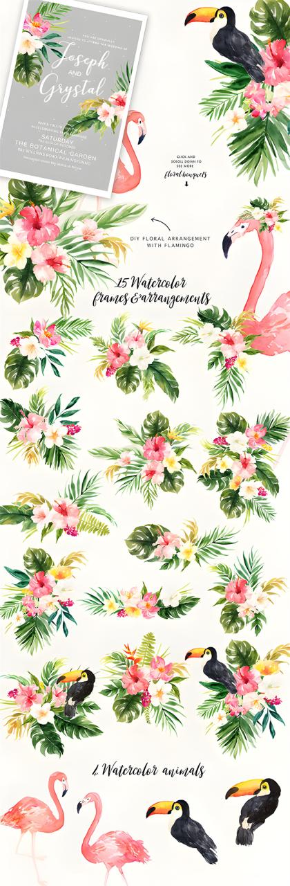图片[3]-森系水彩婚礼热带火烈鸟花环请柬卡片标志PNG免抠设计元素PS素材-设计猿