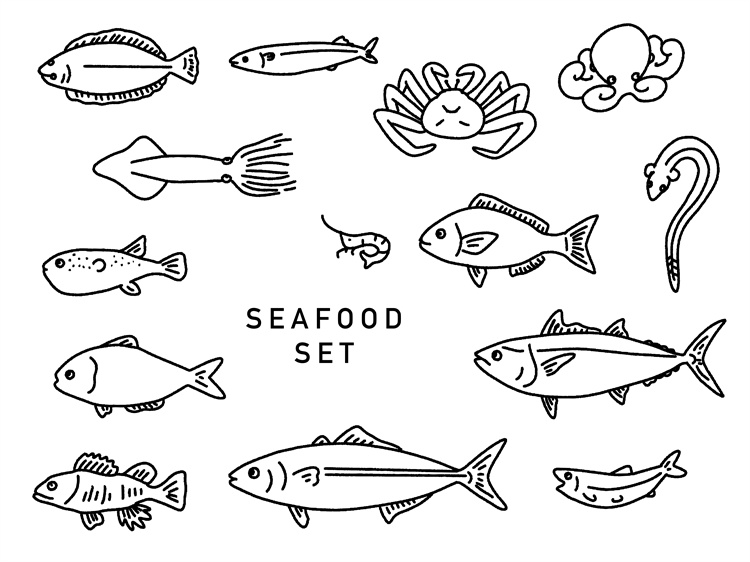 图片[38]-手绘海鲜海产品水产食用食材鱼类海鱼插画图案合集AI矢量手账素材-设计猿