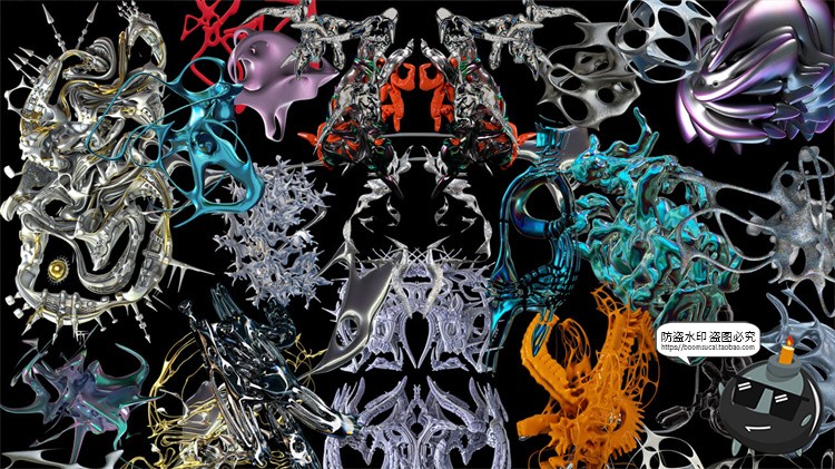 图片[2]-未来科幻3D镀铬赛博朋克抽象艺术液态触手金属PNG免抠图片素材-设计猿