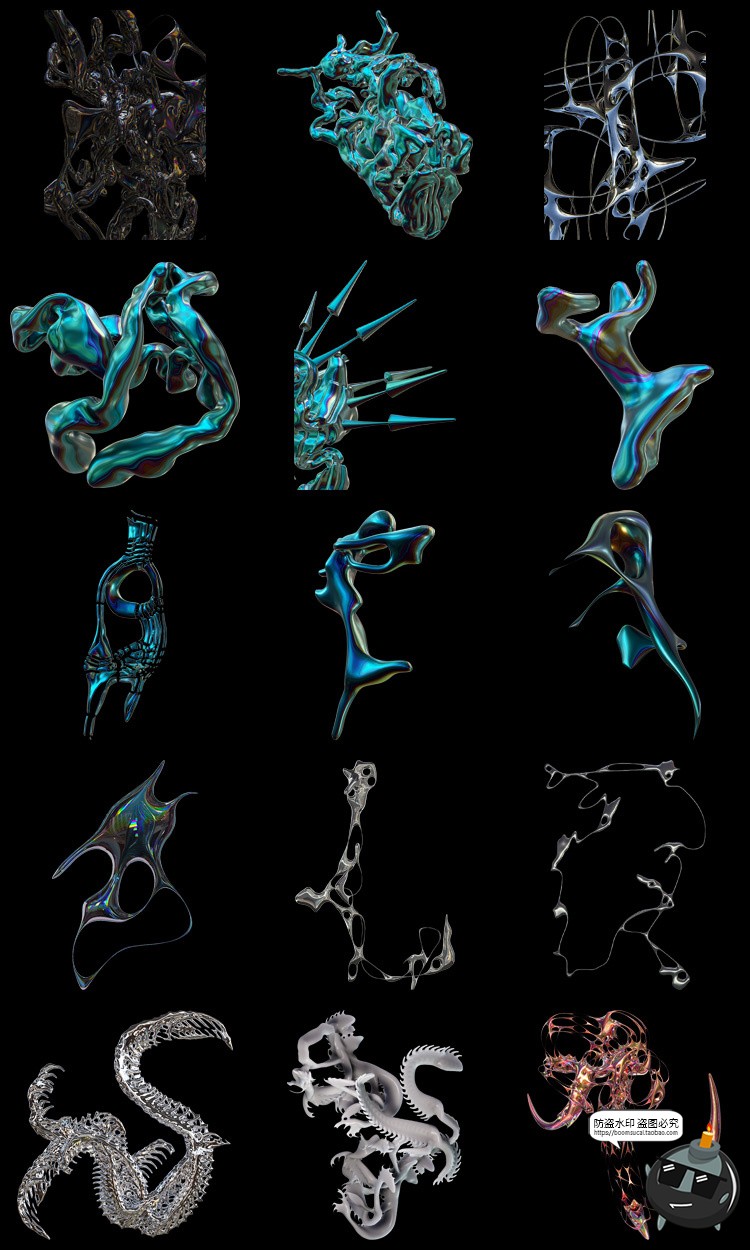 图片[4]-未来科幻3D镀铬赛博朋克抽象艺术液态触手金属PNG免抠图片素材-设计猿