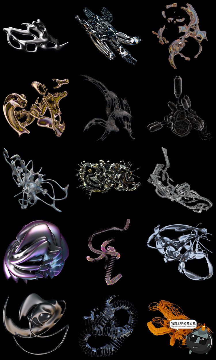 图片[6]-未来科幻3D镀铬赛博朋克抽象艺术液态触手金属PNG免抠图片素材-设计猿