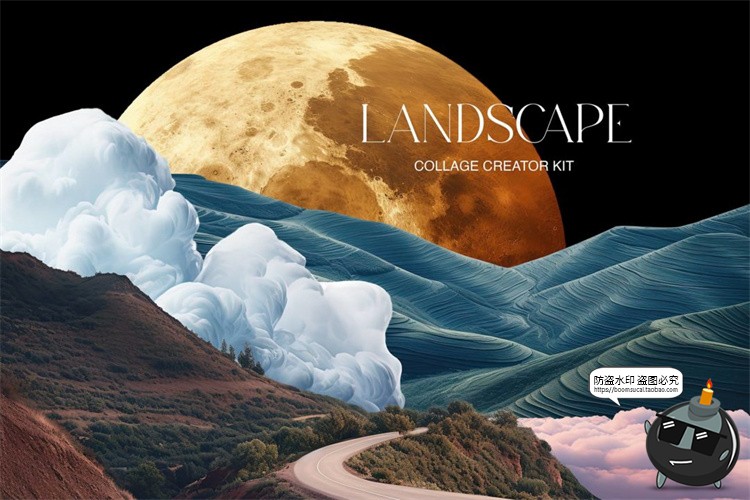 图片[1]-风景景色拼贴云朵日出落沙漠山脉丘陵森林沙滩剪贴画PNG免抠素材-设计猿