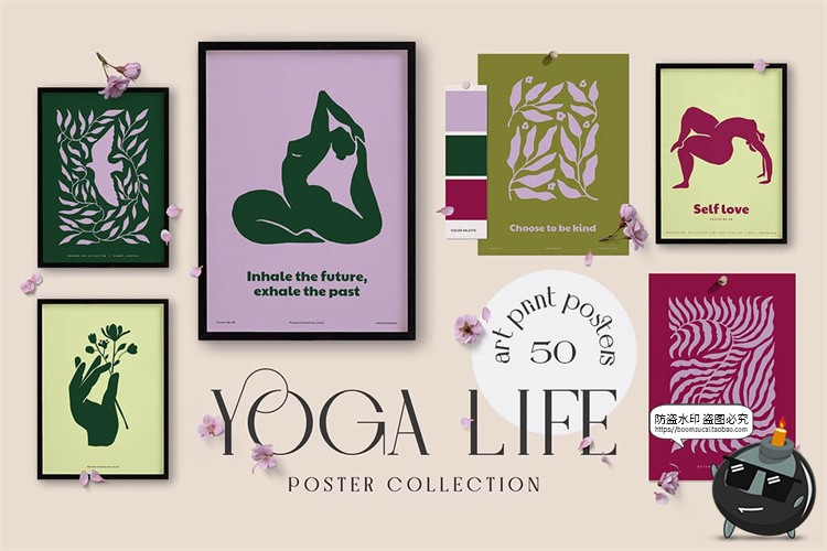 图片[1]-简约时尚自然植物女性瑜伽剪影抽象艺术装饰画芯海报AI矢量素材图-设计猿