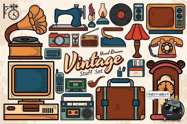 图片[1]-手绘复古经典怀旧家用设备留声机老电视插画AI矢量PNG免抠svg素材-设计猿