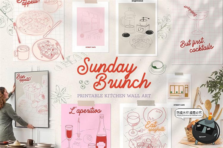 图片[1]-网红咖啡馆餐厅早午餐装饰手绘线稿条纹插画海报挂画AI矢量素材图-设计猿