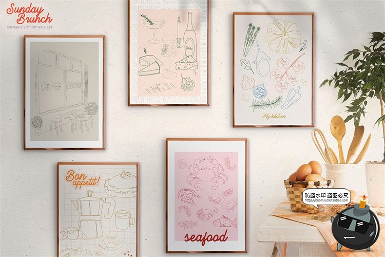 图片[8]-网红咖啡馆餐厅早午餐装饰手绘线稿条纹插画海报挂画AI矢量素材图-设计猿