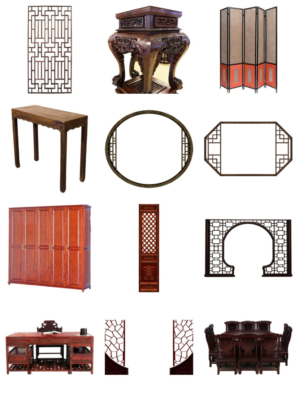 图片[1]-免抠古风古典家具椅子凳书桌茶几屏风衣柜门窗PNG透明PS设计素材-设计猿