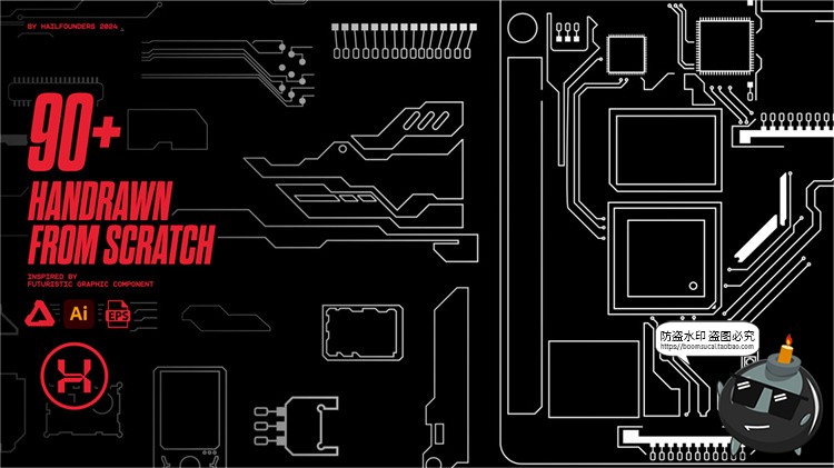 图片[1]-赛博科幻科技HUD装饰元素海报边框框架线条线稿AI矢量图形素材图-设计猿