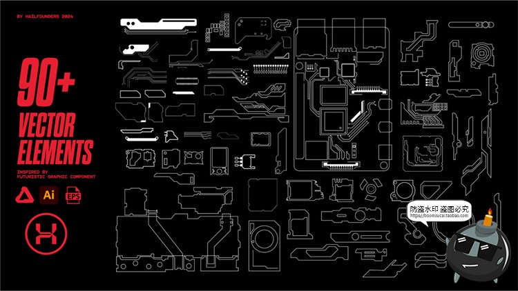 图片[2]-赛博科幻科技HUD装饰元素海报边框框架线条线稿AI矢量图形素材图-设计猿