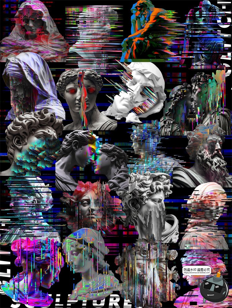 图片[2]-未来科幻赛博潮流失真错位故障雕像毛刺背景底纹PNG图片插画素材-设计猿