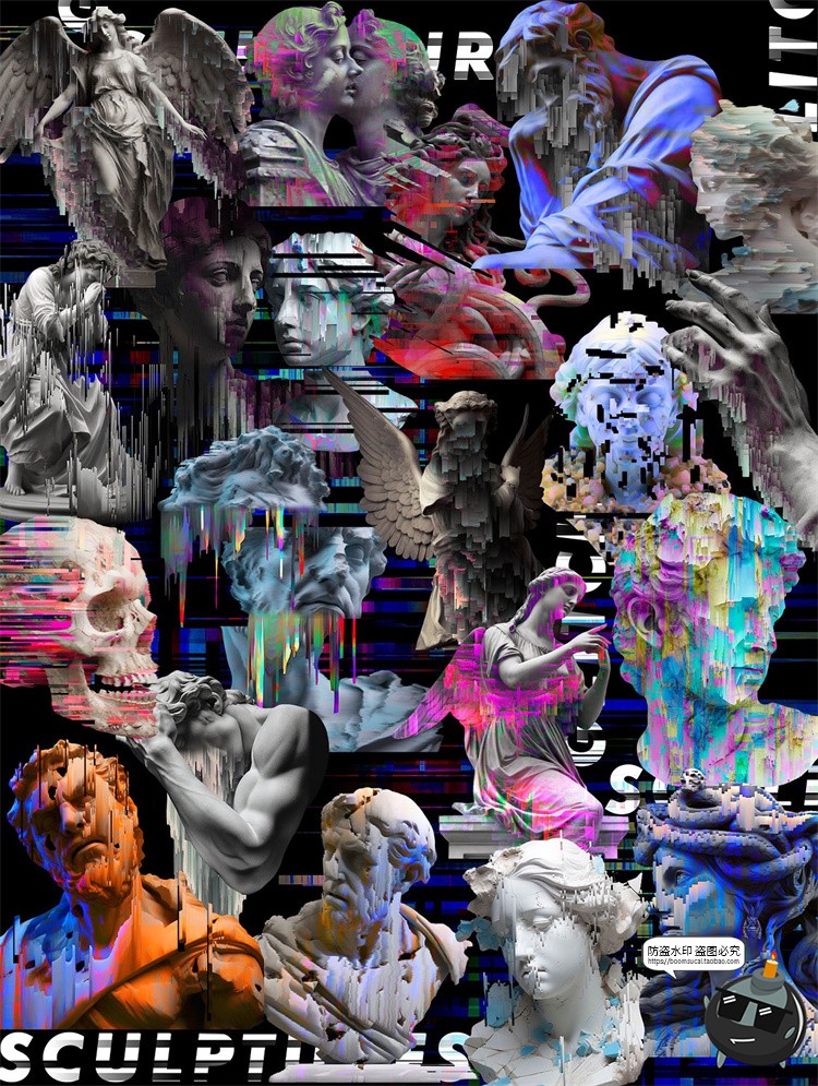 图片[3]-未来科幻赛博潮流失真错位故障雕像毛刺背景底纹PNG图片插画素材-设计猿