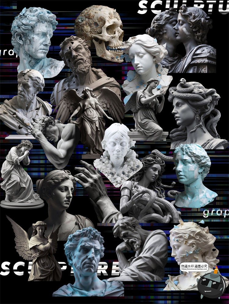 图片[5]-未来科幻赛博潮流失真错位故障雕像毛刺背景底纹PNG图片插画素材-设计猿