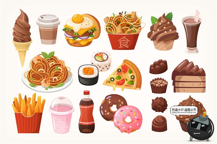 图片[16]-手绘卡通美食甜品小吃快餐蛋糕甜点冰淇淋插画图案图标AI矢量素材-设计猿