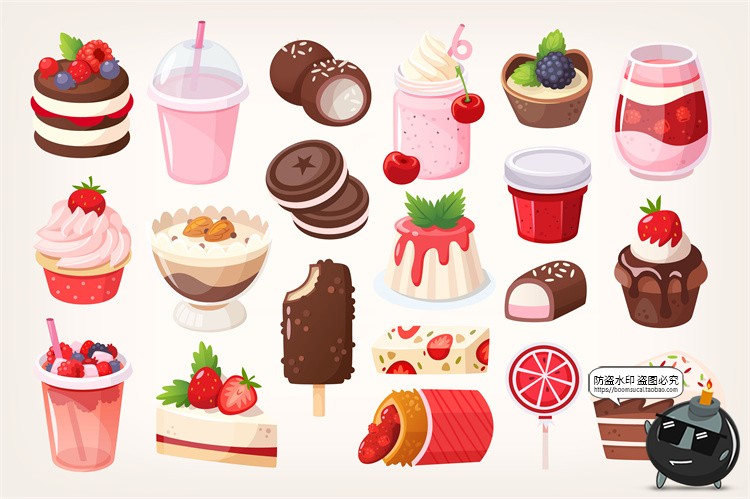 图片[18]-手绘卡通美食甜品小吃快餐蛋糕甜点冰淇淋插画图案图标AI矢量素材-设计猿