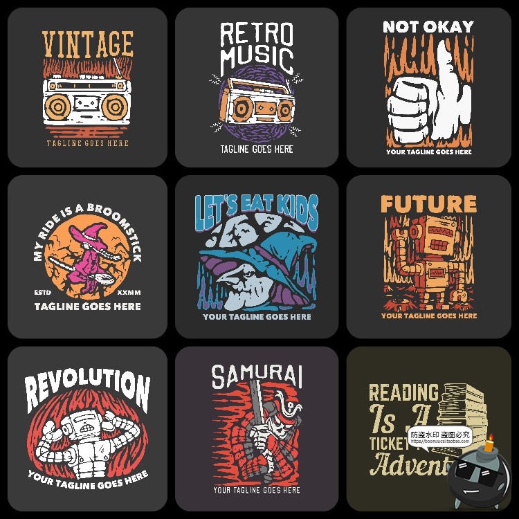 图片[11]-美式复古个性潮流街头嘻哈插画T恤服饰印花经典图案AI矢量图素材-设计猿