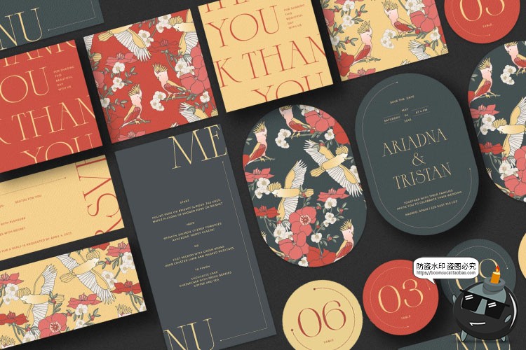 图片[1]-优雅古典鹦鹉花卉婚礼请柬邀请函贺卡插画图案AI矢量素材附带字体-设计猿