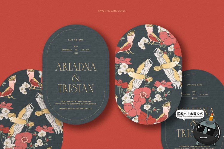 图片[4]-优雅古典鹦鹉花卉婚礼请柬邀请函贺卡插画图案AI矢量素材附带字体-设计猿