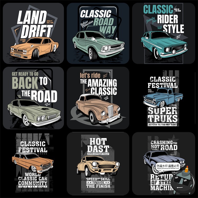 图片[1]-美式潮流复古老式汽车赛车跑车经典插画服饰T恤印花AI矢量图素材-设计猿