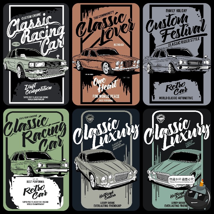 图片[3]-美式潮流复古老式汽车赛车跑车经典插画服饰T恤印花AI矢量图素材-设计猿