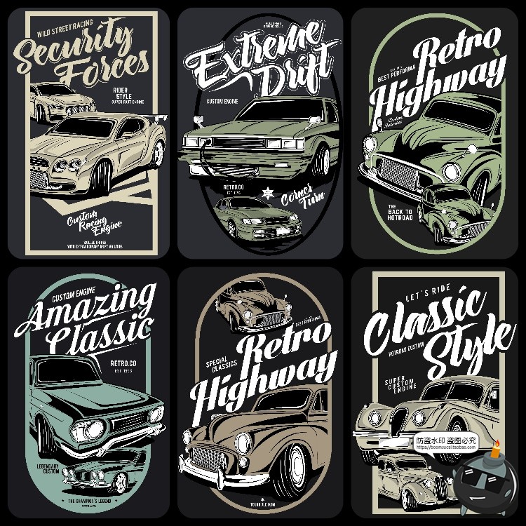 图片[7]-美式潮流复古老式汽车赛车跑车经典插画服饰T恤印花AI矢量图素材-设计猿