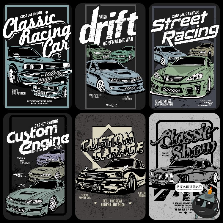 图片[9]-美式潮流复古老式汽车赛车跑车经典插画服饰T恤印花AI矢量图素材-设计猿