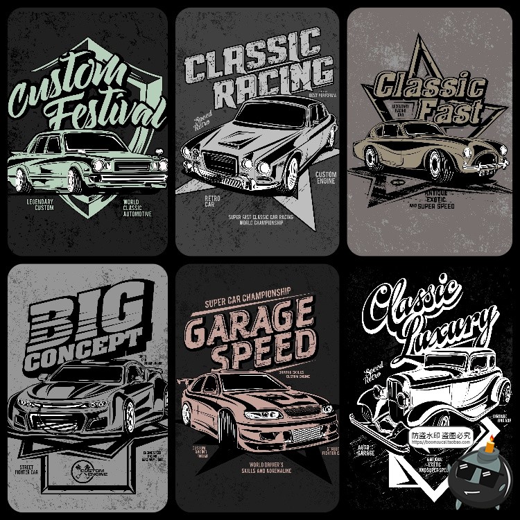 图片[10]-美式潮流复古老式汽车赛车跑车经典插画服饰T恤印花AI矢量图素材-设计猿