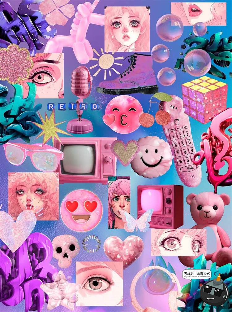 图片[2]-少女粉色可爱潮流复古流行背景漫画拼贴剪贴插画PNG免抠图片素材-设计猿