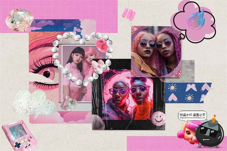 图片[10]-少女粉色可爱潮流复古流行背景漫画拼贴剪贴插画PNG免抠图片素材-设计猿