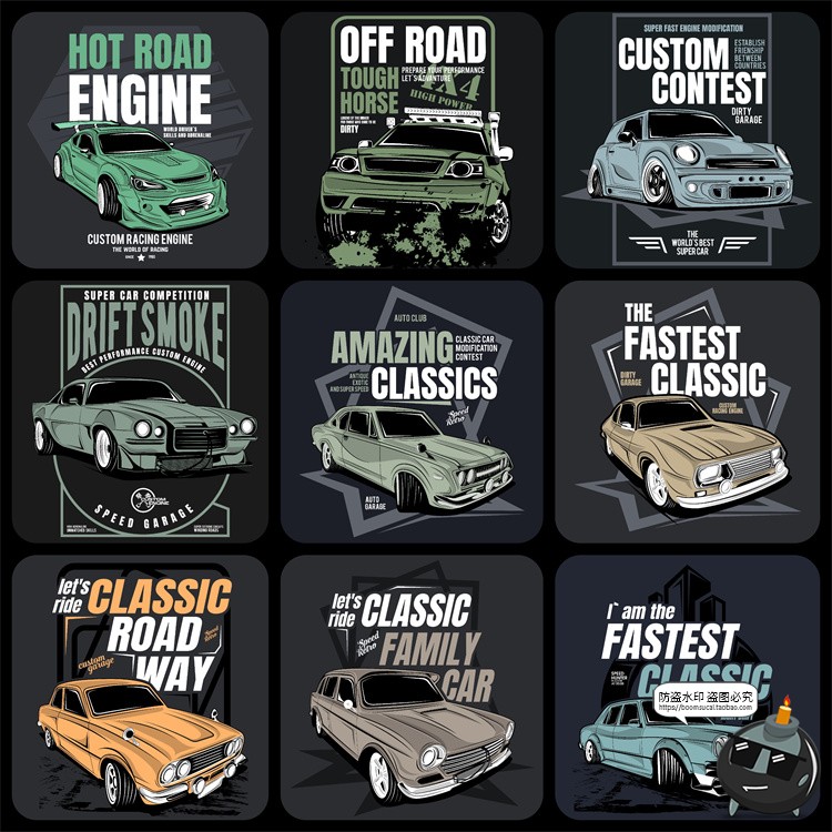 图片[2]-美式潮流复古老式汽车赛车跑车经典插画服饰T恤印花AI矢量图素材-设计猿