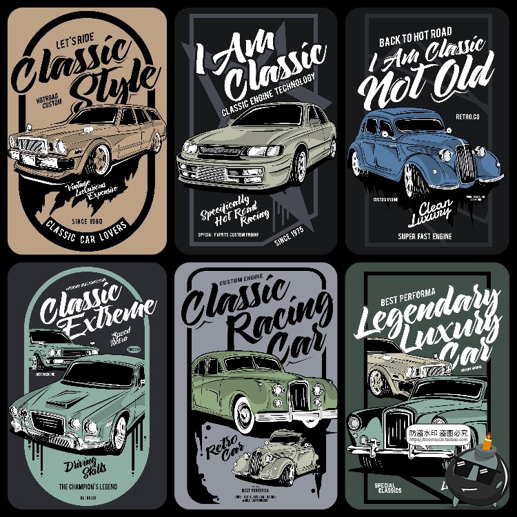 图片[4]-美式潮流复古老式汽车赛车跑车经典插画服饰T恤印花AI矢量图素材-设计猿