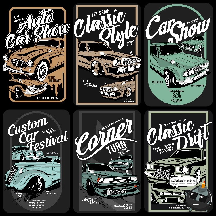 图片[8]-美式潮流复古老式汽车赛车跑车经典插画服饰T恤印花AI矢量图素材-设计猿