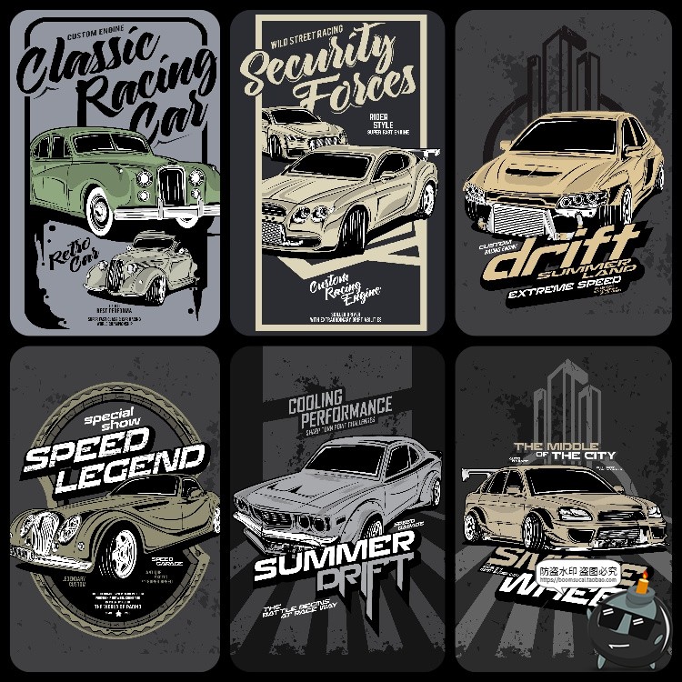 图片[11]-美式潮流复古老式汽车赛车跑车经典插画服饰T恤印花AI矢量图素材-设计猿