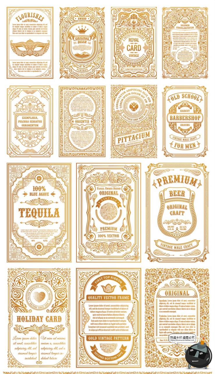 图片[1]-复古欧式花纹图案卡片标贴图标徽标图案印花标志AI矢量模板素材-设计猿