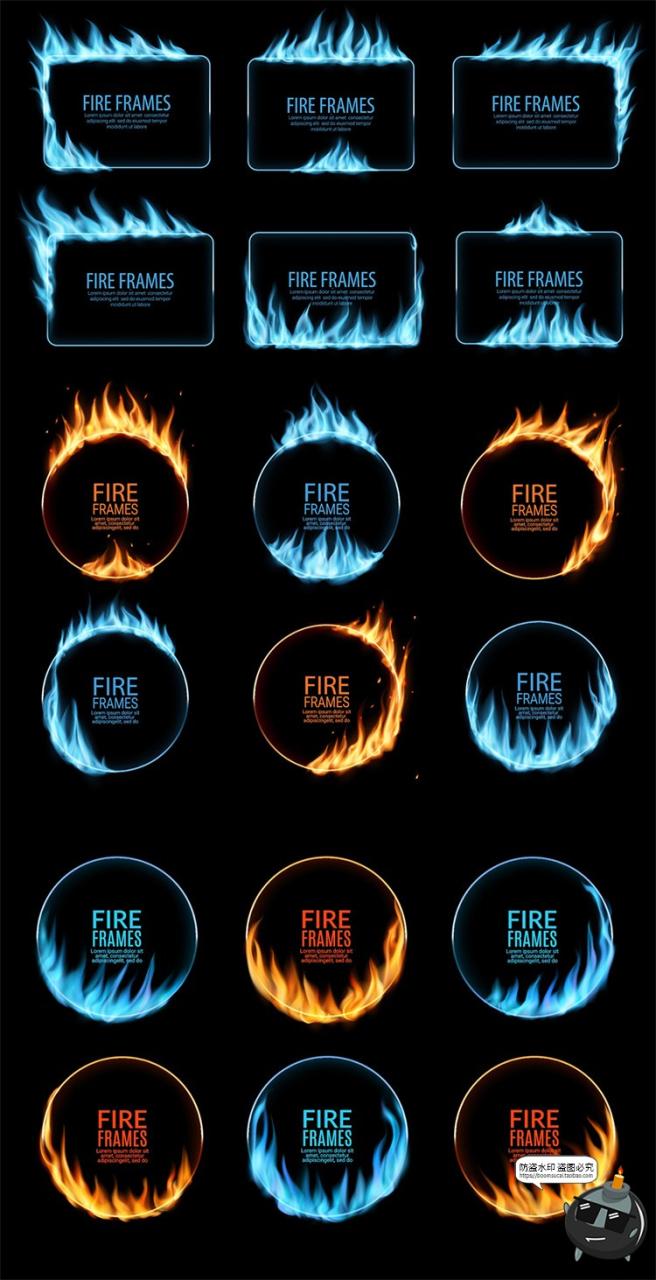 图片[1]-炙热圆形蓝色金色火焰圆形方形边缘火苗燃烧特效AI矢量边框素材-设计猿