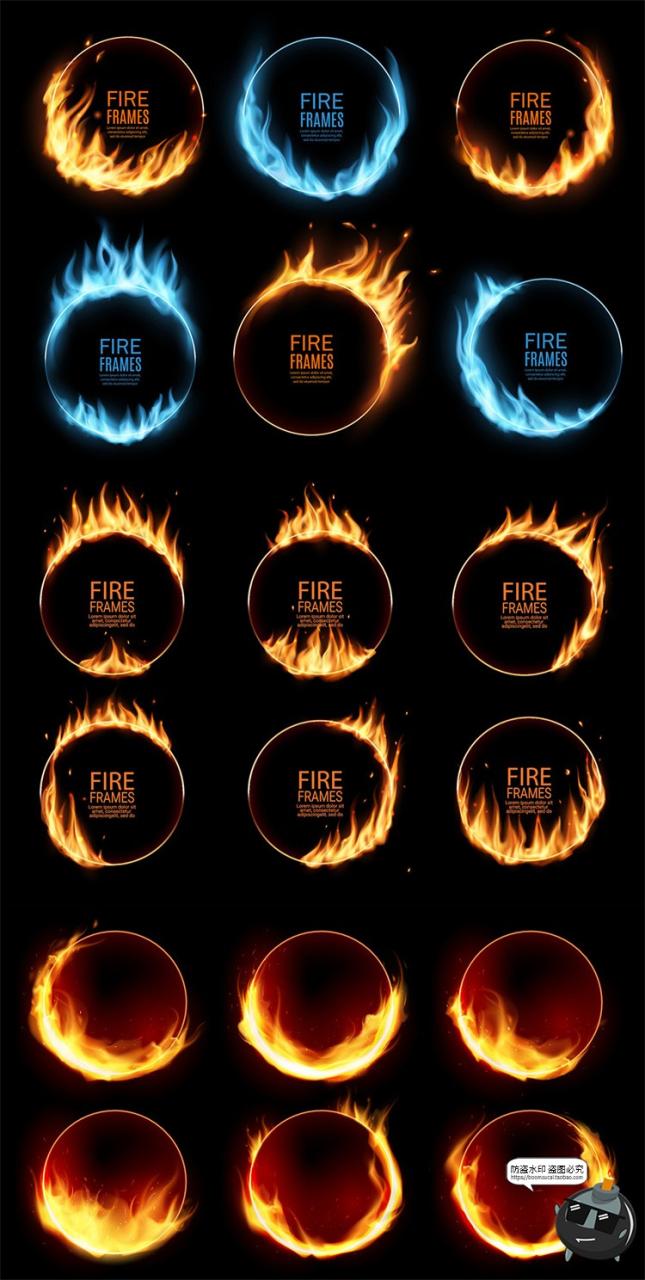图片[2]-炙热圆形蓝色金色火焰圆形方形边缘火苗燃烧特效AI矢量边框素材-设计猿