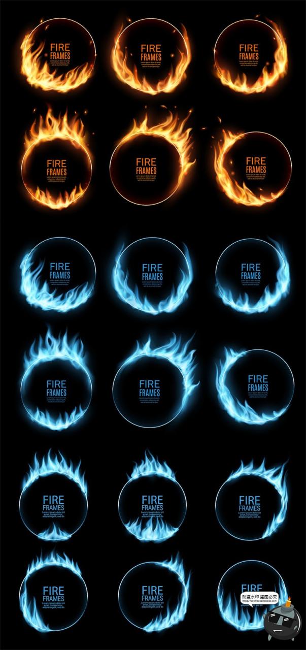 图片[3]-炙热圆形蓝色金色火焰圆形方形边缘火苗燃烧特效AI矢量边框素材-设计猿