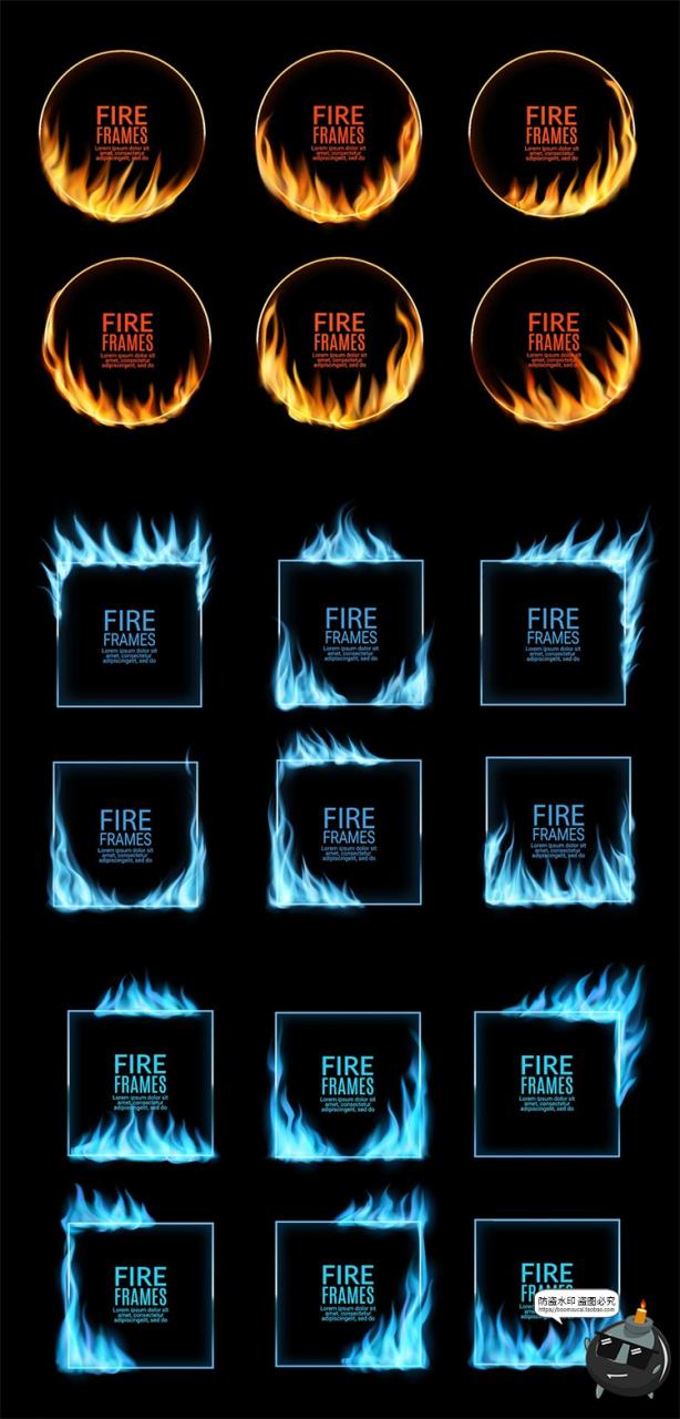 图片[4]-炙热圆形蓝色金色火焰圆形方形边缘火苗燃烧特效AI矢量边框素材-设计猿