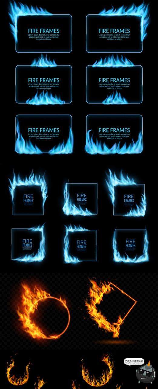 图片[5]-炙热圆形蓝色金色火焰圆形方形边缘火苗燃烧特效AI矢量边框素材-设计猿