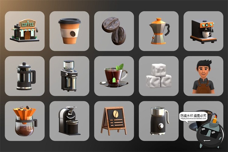 图片[2]-咖啡店咖啡制作机器工具营销展示3D图标icon素材PNG免抠图片PSD-设计猿