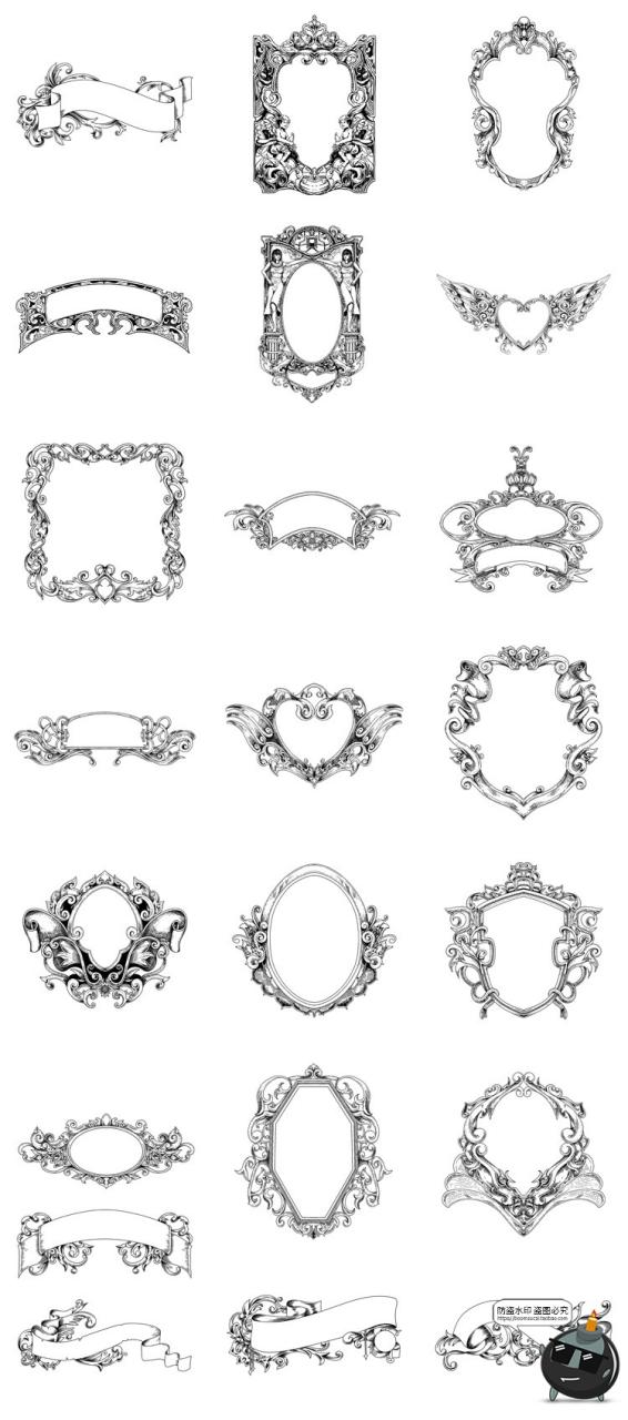 图片[1]-手绘复古欧式古典木刻风装饰边框花纹飘带框架图案AI矢量元素素材-设计猿