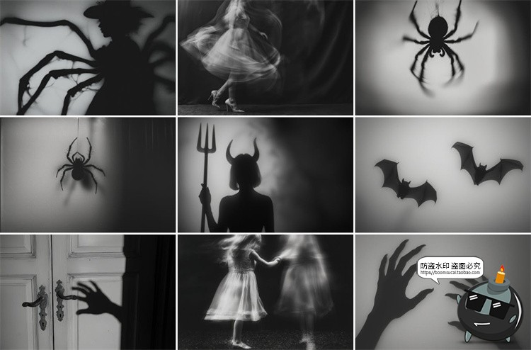 图片[3]-万圣节幽灵蜘蛛女巫骷髅黑白单色惊悚恐怖鬼屋背景JPG图片素材图-设计猿