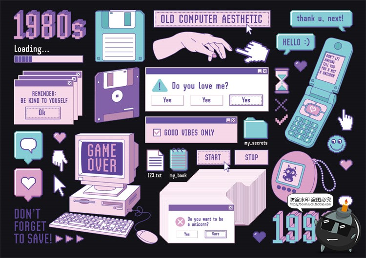 图片[1]-复古卡通蒸汽波像素老式电脑弹窗边框窗口AI矢量插画PNG免抠素材-设计猿