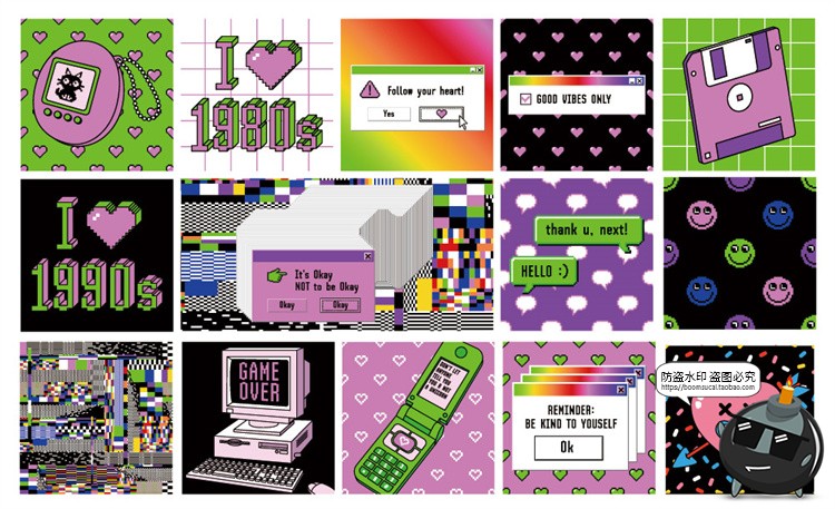 图片[2]-复古卡通蒸汽波像素老式电脑弹窗边框窗口AI矢量插画PNG免抠素材-设计猿