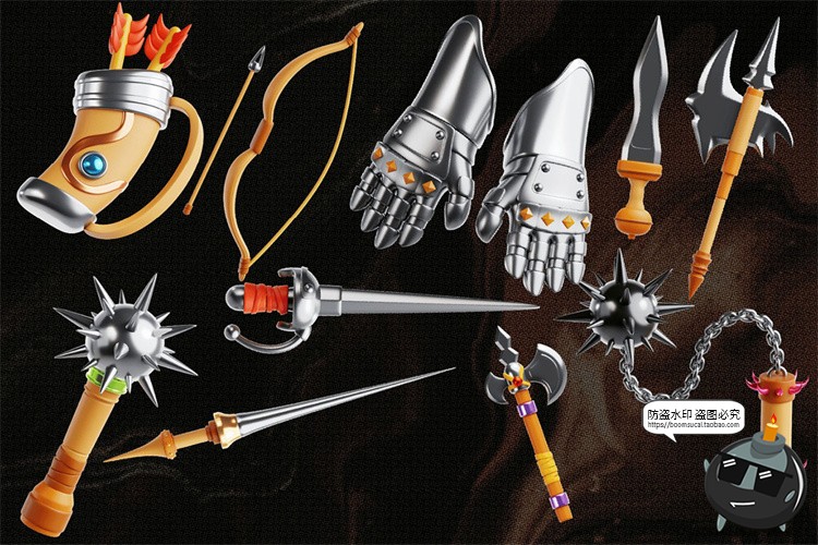 图片[6]-趣味3D卡通游戏装备武器斧刀剑锤盔甲插画OBJ插图icon图标PNG素材-设计猿