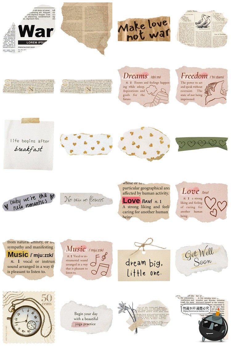 图片[1]-文艺复古牛皮纸撕裂纸张撕纸字母文字贴纸手账png免扣图美工素材-设计猿