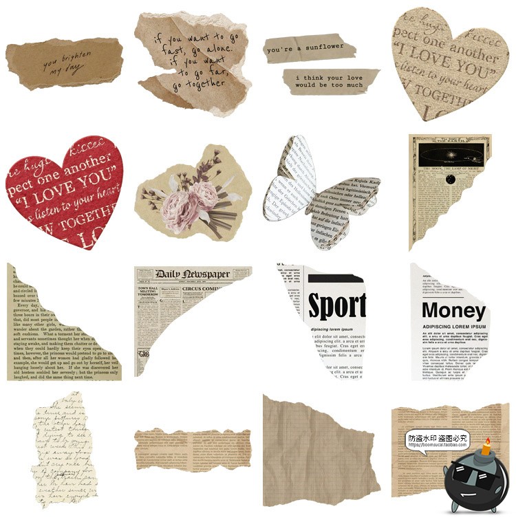 图片[3]-文艺复古牛皮纸撕裂纸张撕纸字母文字贴纸手账png免扣图美工素材-设计猿